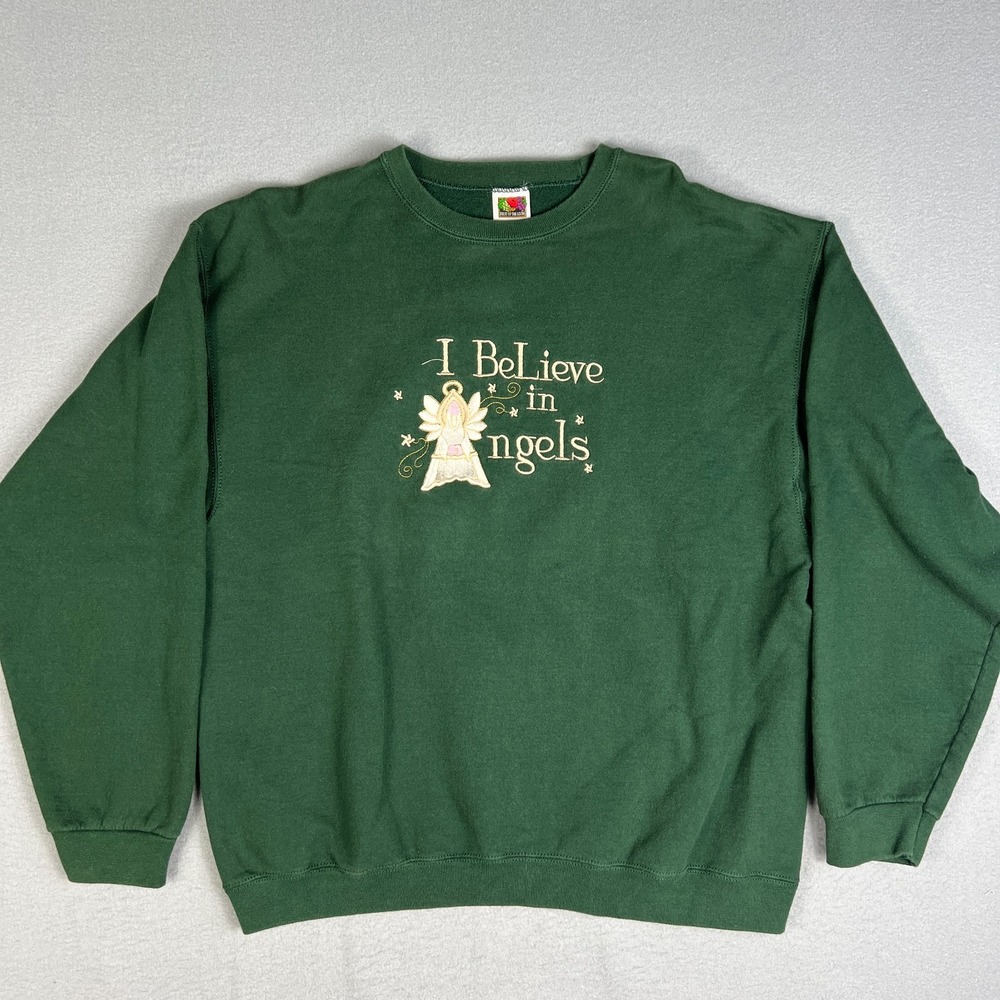 VTG I Believe in Angles Sweatshirt Adult XL Green Embroidered Cute Grandma 1990s